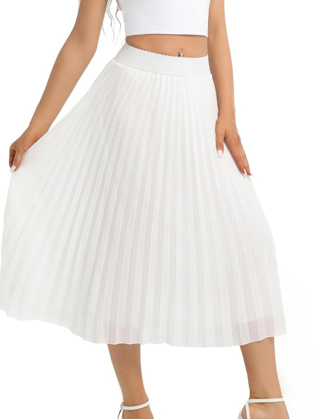 Classic White Shimmering Pleated Midi Skirt - Womens
